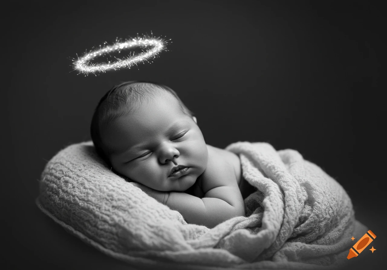 Black and white photo of a newborn baby sleeping peacefully wrapped in a blanket, with a faint glowing halo above its head.
