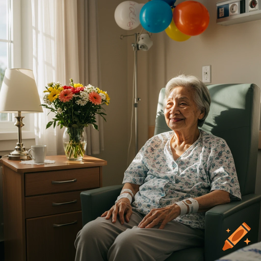 An elderly Asian woman smiles while sitting in a hospital or nursing home chair, with flowers and balloons nearby.