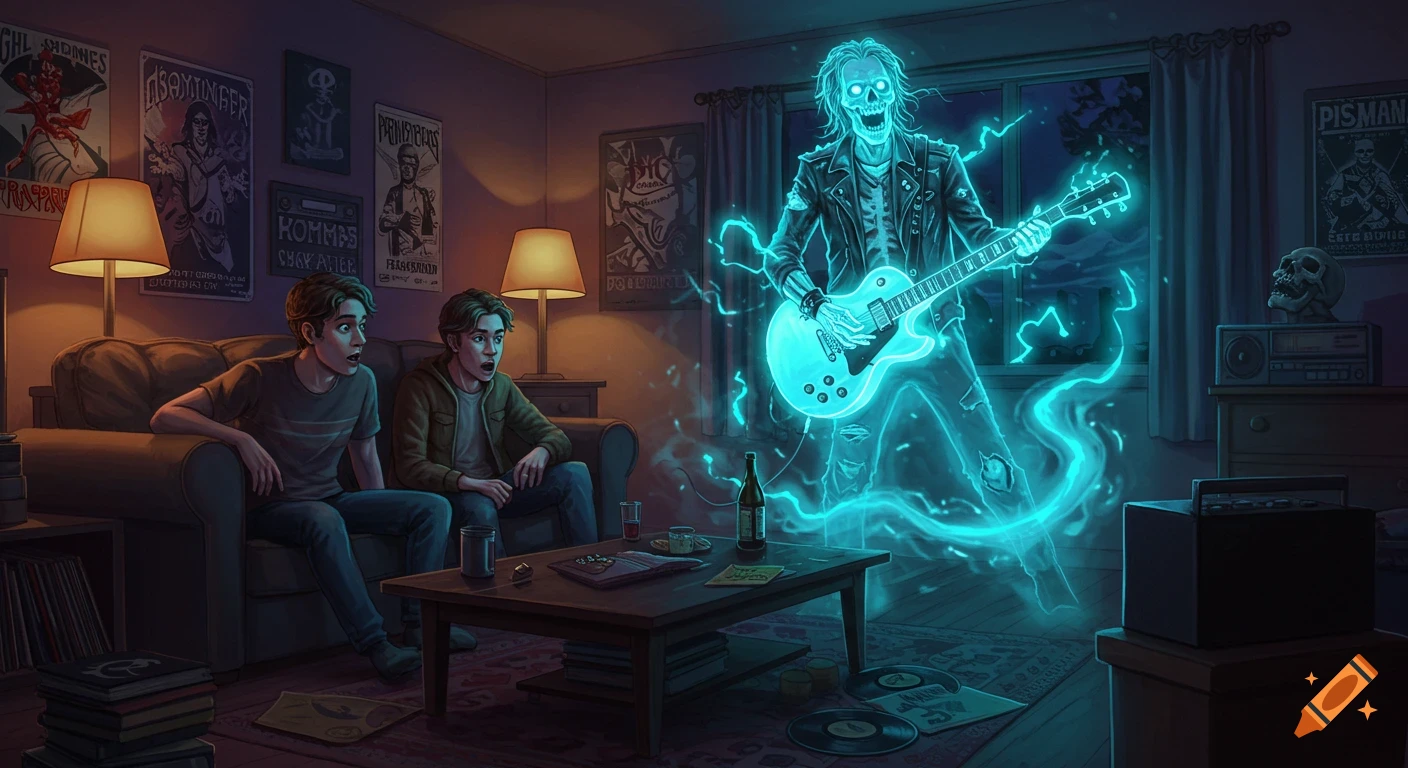 Two surprised young men sit on a couch in a dimly lit living room as a glowing blue skeletal ghost plays an electric guitar in front of them, in an illustrated style.