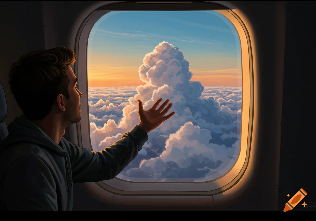 An illustration of a man reaching his hand out an airplane window towards fluffy clouds during sunset.