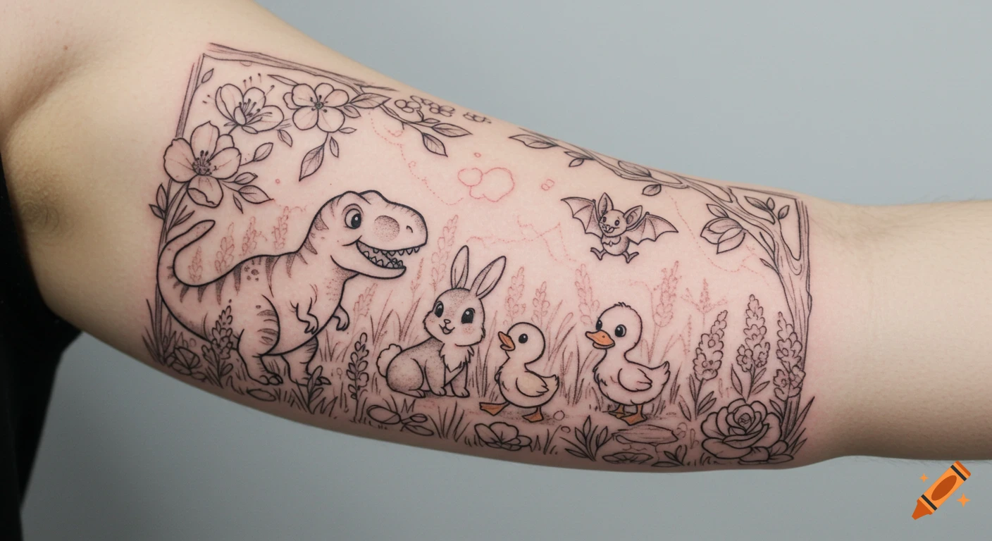 A black outline tattoo on an arm features a cute T-Rex, bunny, bat, and two ducklings in a playful meadow scene with flowers.