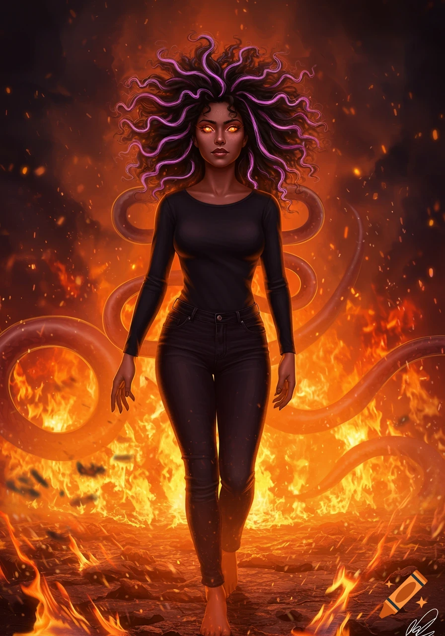 Dark-skinned woman with glowing orange eyes and black and purple curly hair stands barefoot amidst flames and glowing snake-like forms.