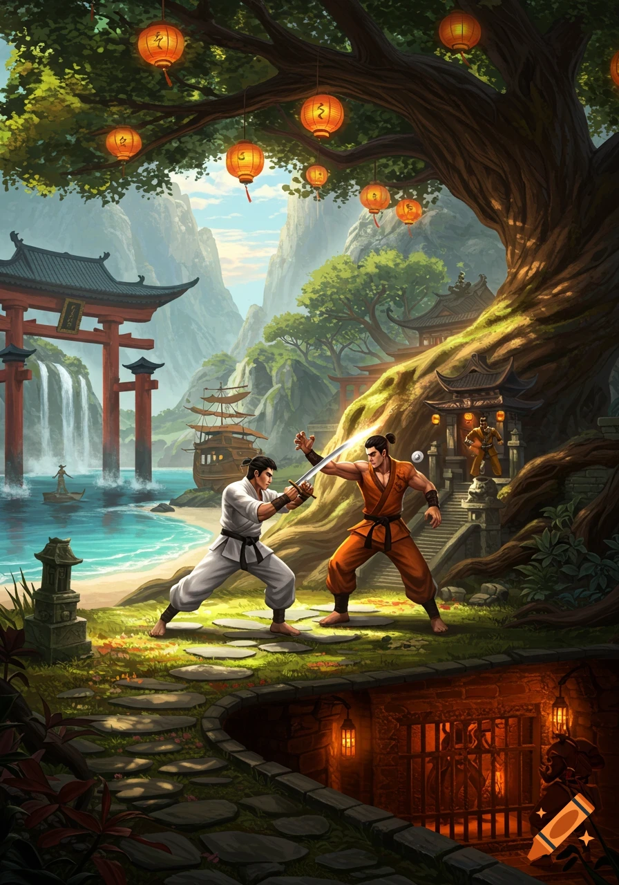 Two martial arts fighters battle on an Asian island with a large tree, lanterns, temple gate, waterfall, and ship on the beach in a detailed fantasy illustration.