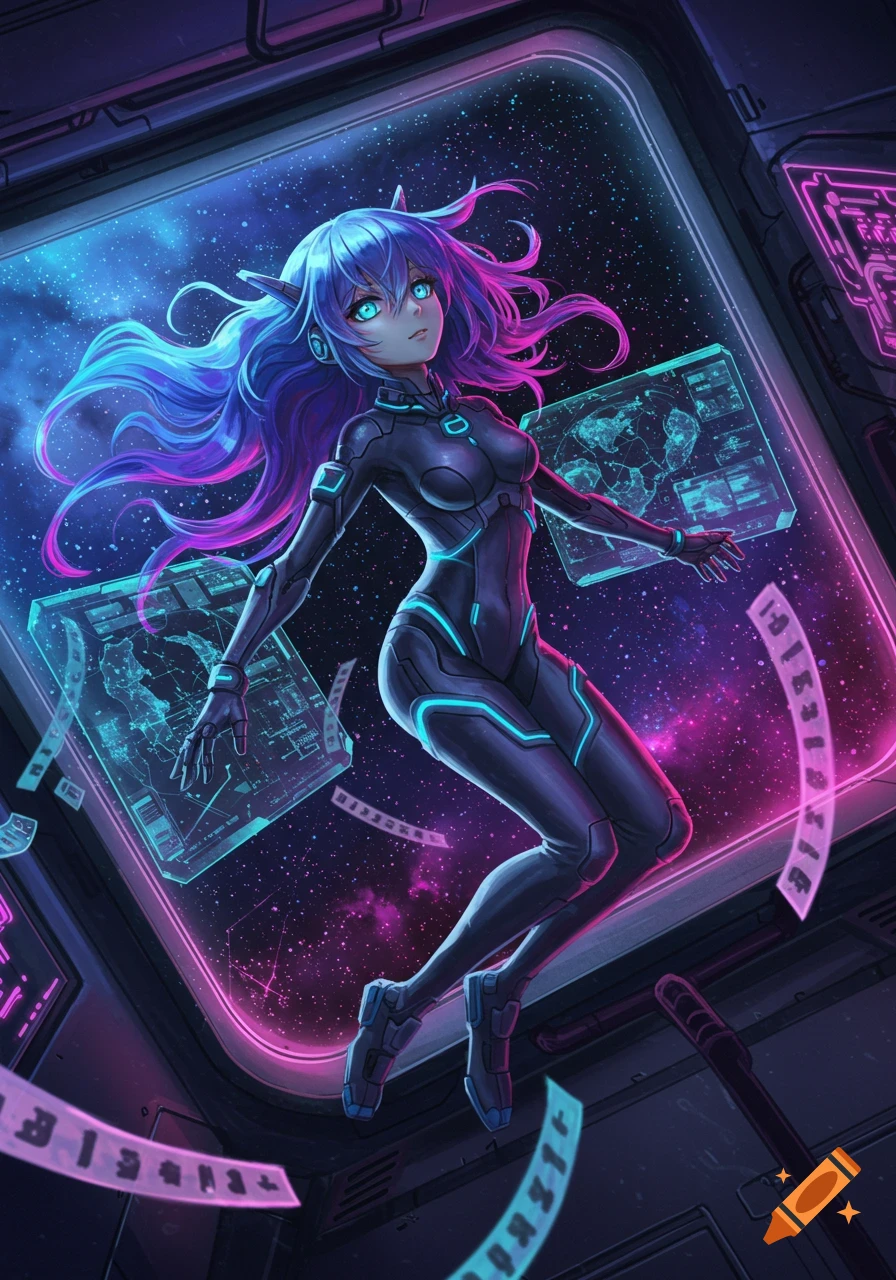 Anime girl with blue and pink hair floating in a spaceship, looking out at a starry nebula with holographic screens.
