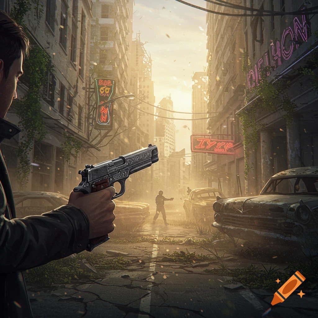 A person holding a detailed pistol aims down a ruined city street with abandoned cars, towards an armed figure in the distance, under a hazy, bright sky.