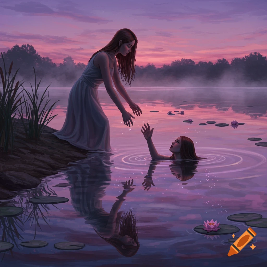 A woman in a white dress reaches towards another woman's head emerging from a misty, purple lake at sunset, surrounded by lily pads.
