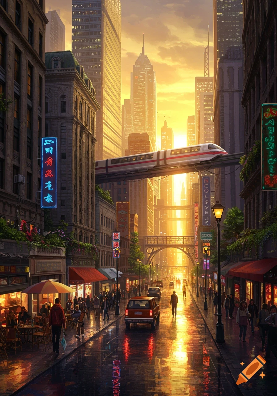 A vibrant, futuristic city street at sunset with an elevated train, tall buildings, and people on wet, reflective pavement.