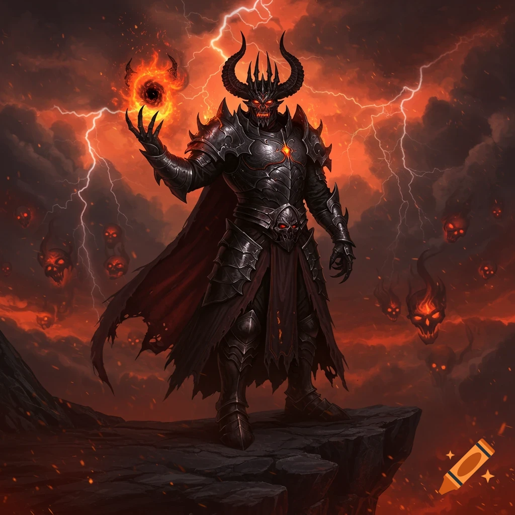 A demonic king in black armor with horns stands on a rock, holding a fiery orb, against a stormy red sky with lightning and floating fiery skulls.