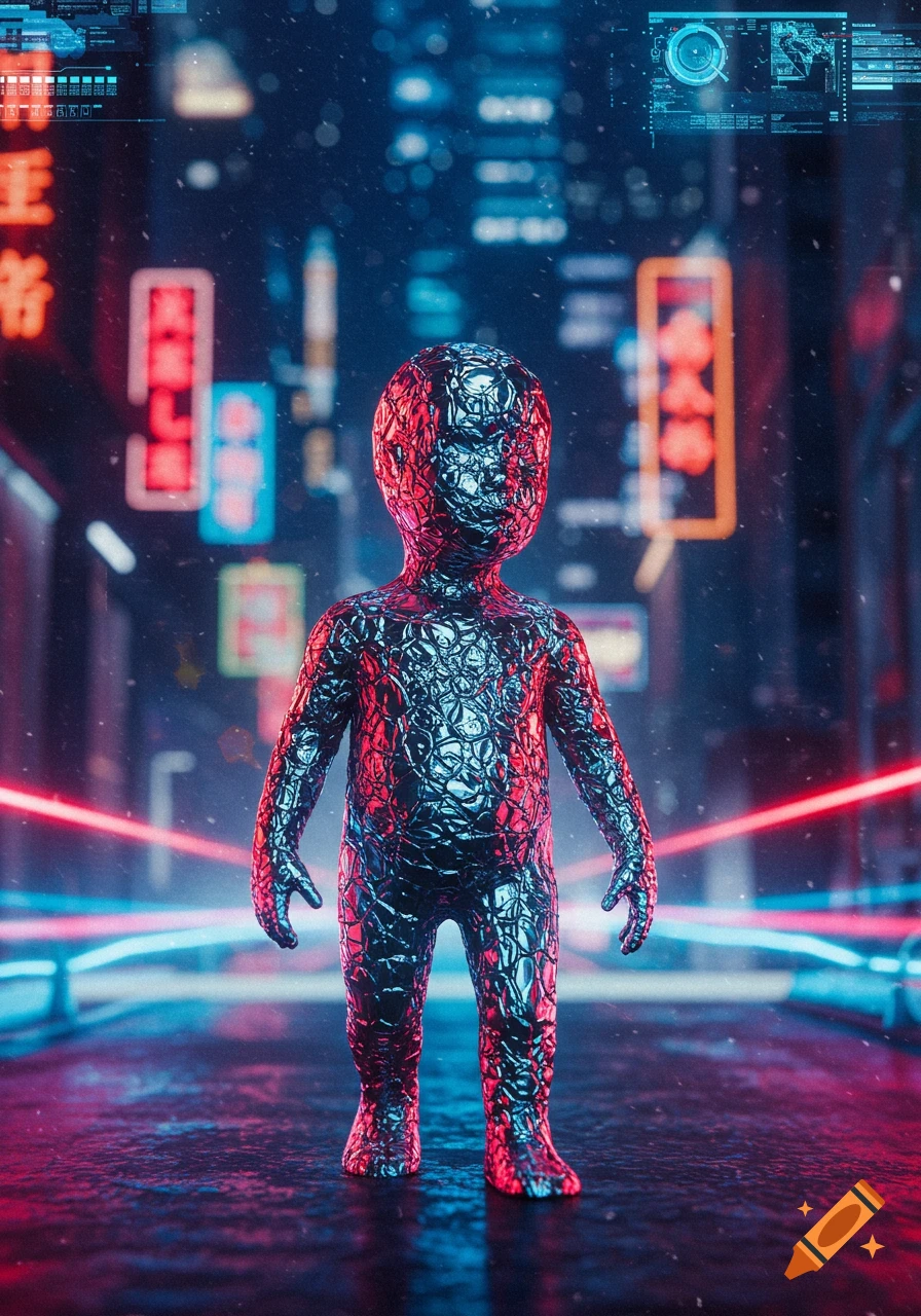 A textured metallic robot stands on a wet street in a neon-lit cyberpunk city with falling snow.