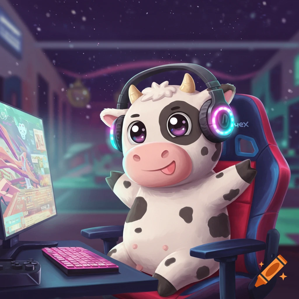 A cute cartoon cow with big eyes wears glowing headphones and sits in a gaming chair at a computer desk, looking at the monitor.