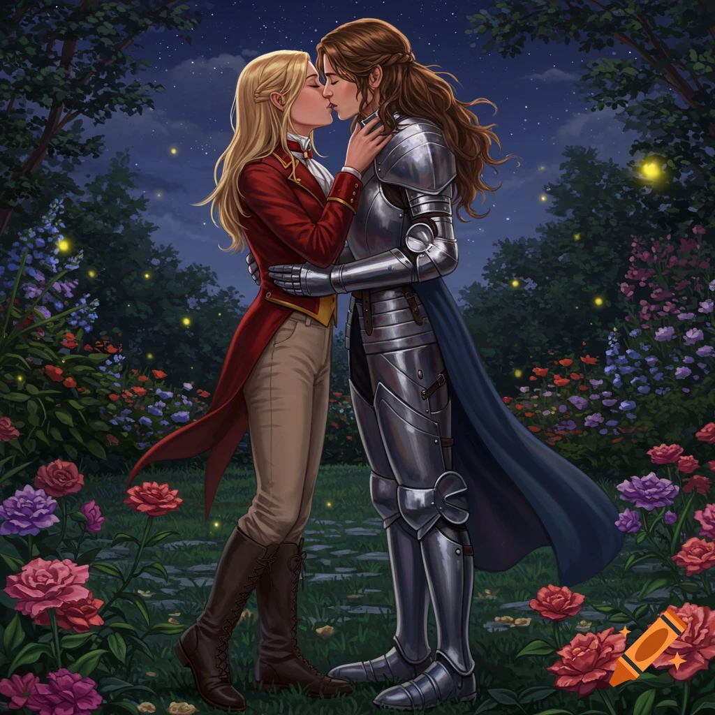 Illustration of two women kissing in a moonlit garden. One wears a red tailcoat, the other knight armor.