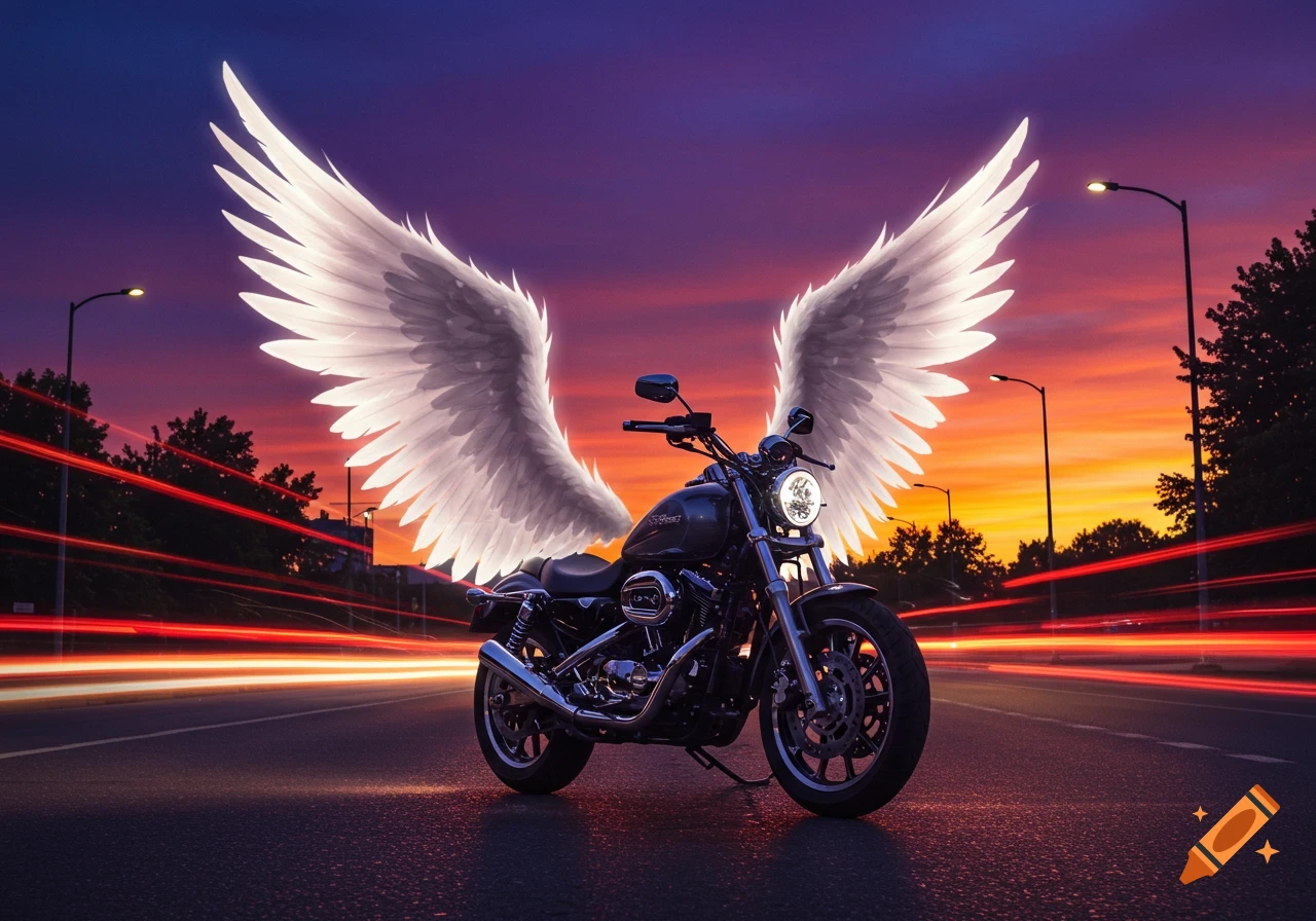 A photorealistic motorcycle with large white angel wings parked on a wet road at sunset, with red light trails.