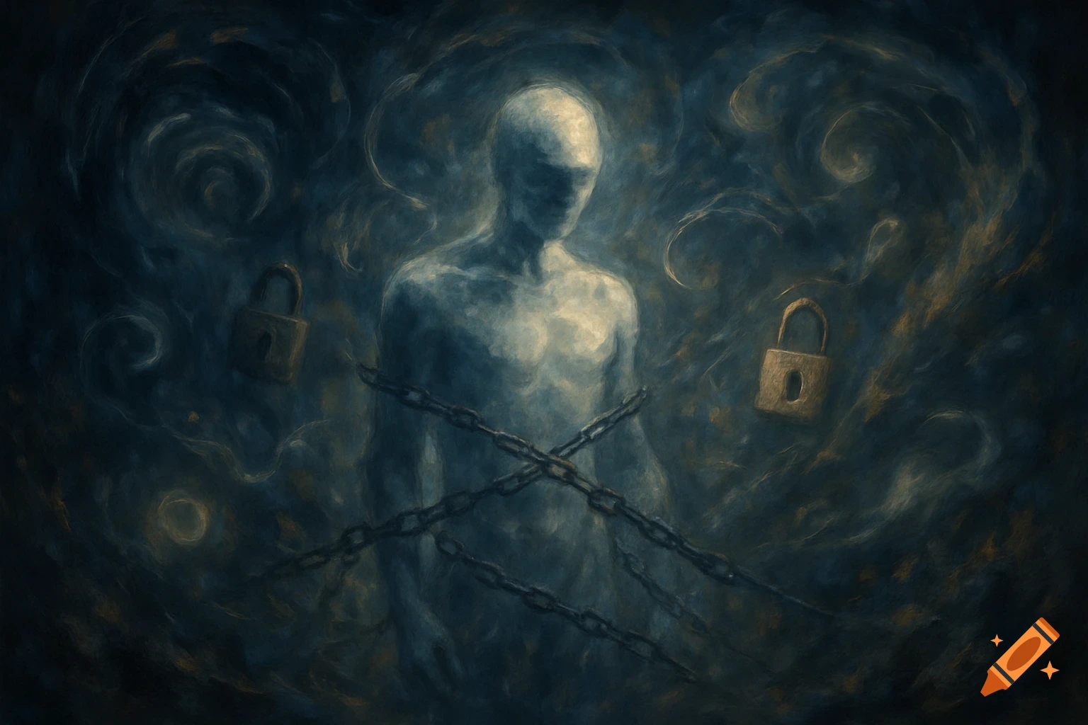 A ghostly, chained figure stands in a dark, swirling abstract painting with two floating padlocks, symbolizing confinement.