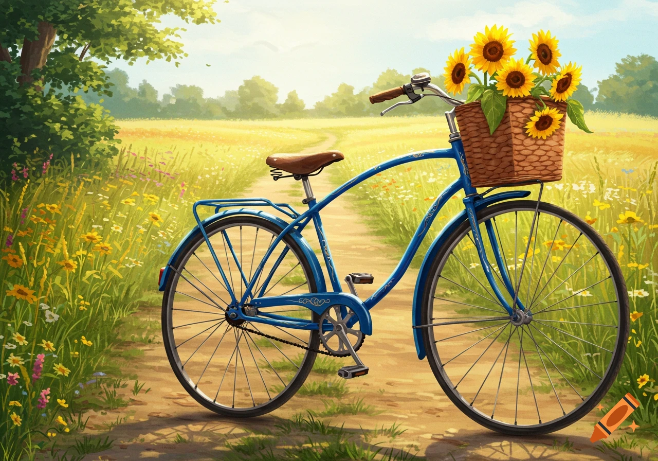 A blue bicycle with a wicker basket full of sunflowers stands on a dirt path in a sunny, green field with wildflowers.