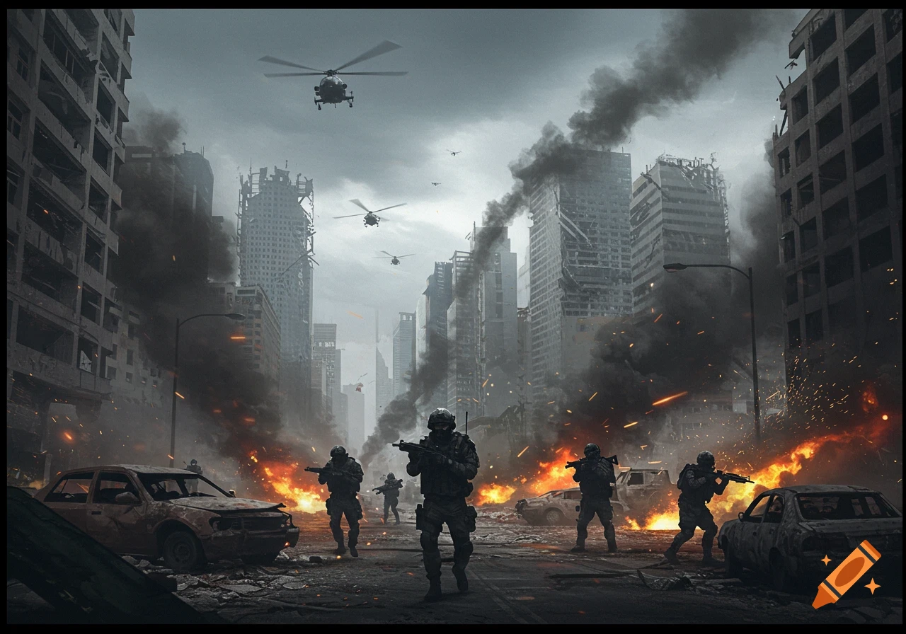 Photorealistic image of soldiers with rifles in a destroyed city street amidst smoke and fires, with helicopters above.