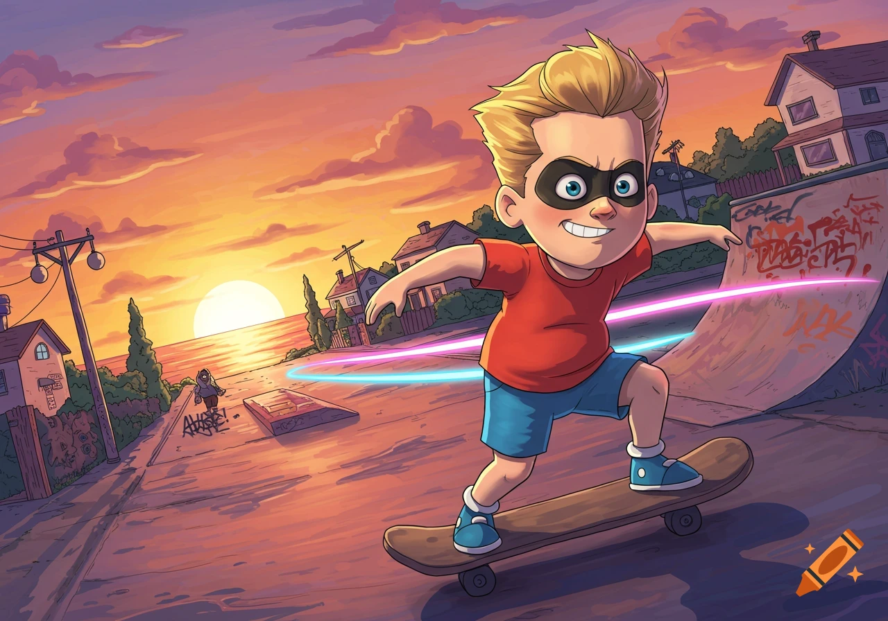 Cartoon boy resembling Dash from The Incredibles skateboarding down a street with a sunset over the ocean.