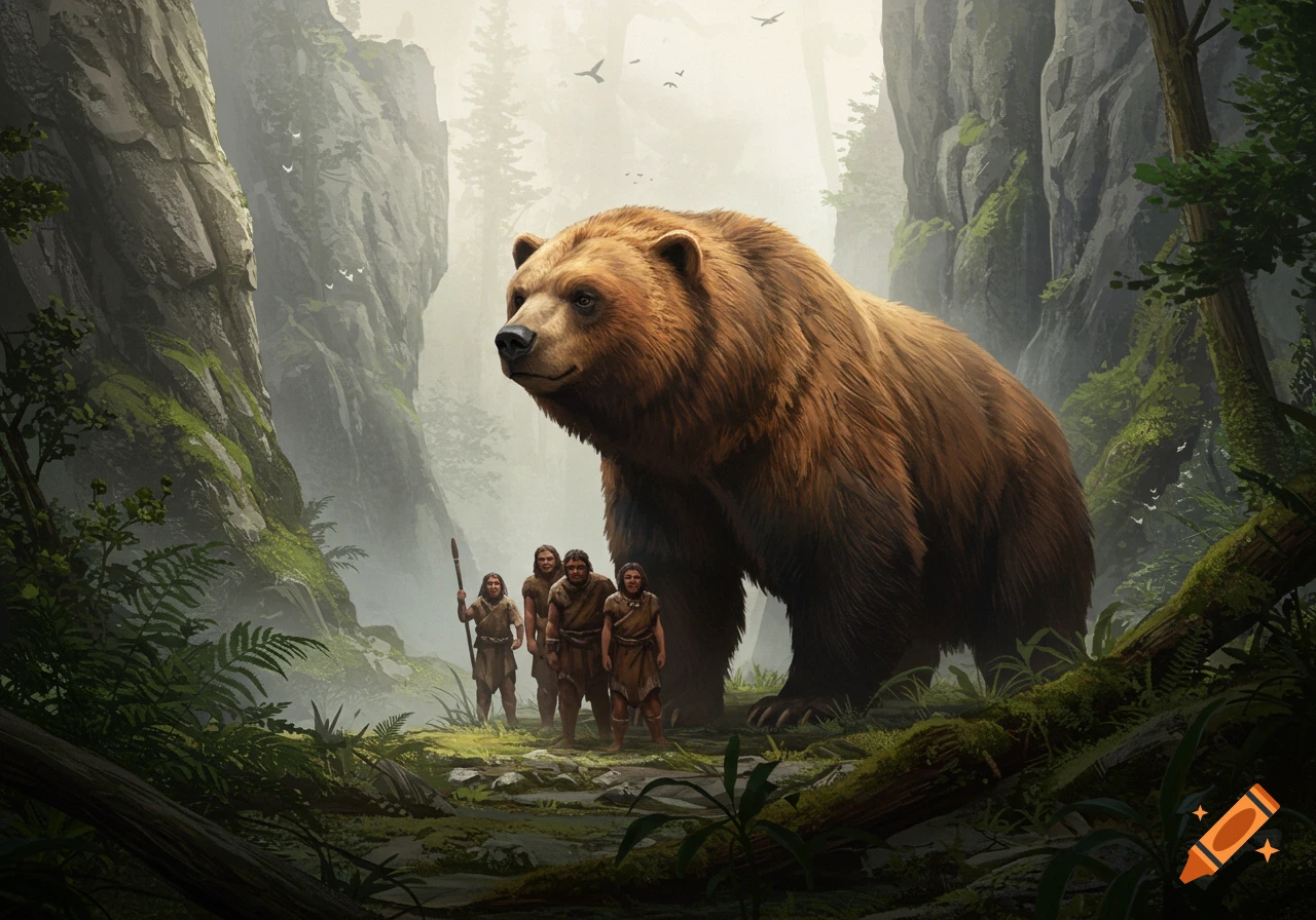 A massive brown bear stands in a lush, misty forest with small prehistoric human figures looking up at it.