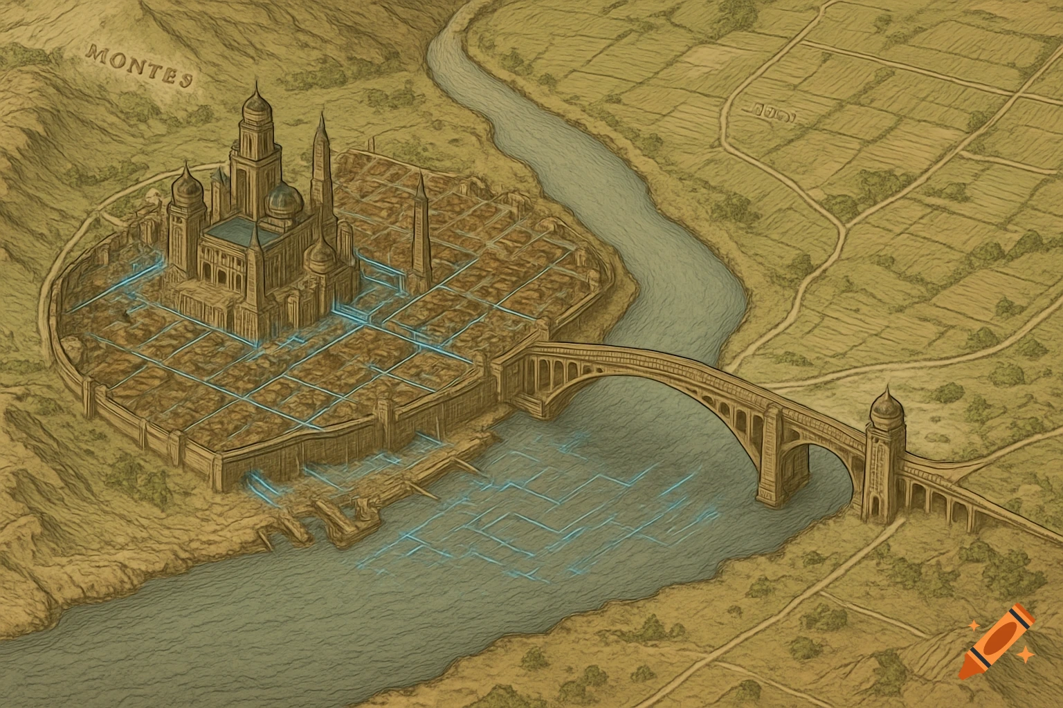A detailed fantasy map shows a walled city with Romanesque and industrial architecture next to a river, connected by a bridge to farmlands.