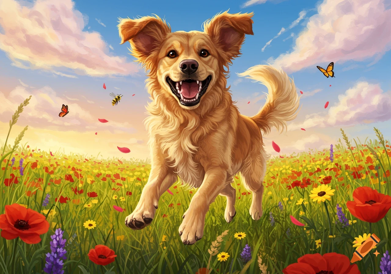 A super happy golden retriever-like dog with a wide smile runs through a colorful wildflower meadow under a sunny sky with butterflies and a bee.