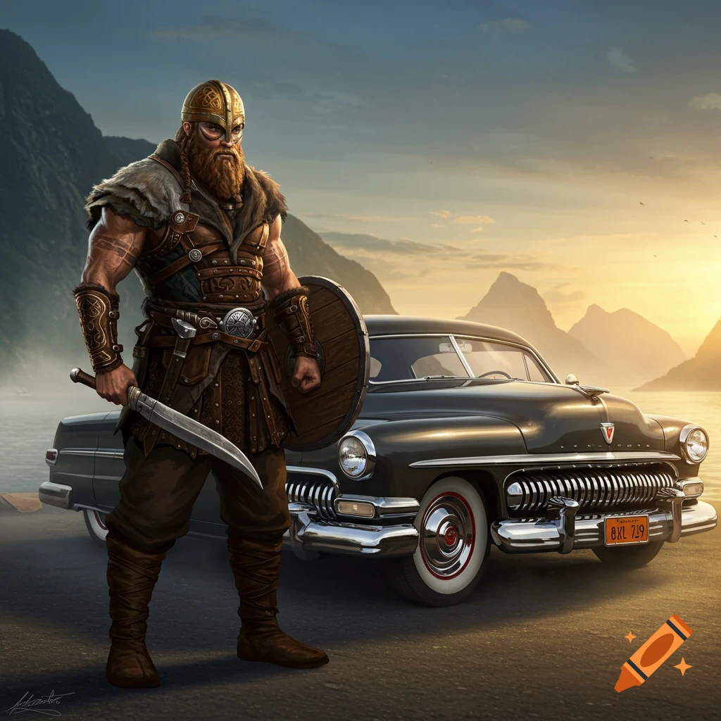 A viking warrior stands beside a black 1951 Mercury car, with mountains and a sunset in the background.