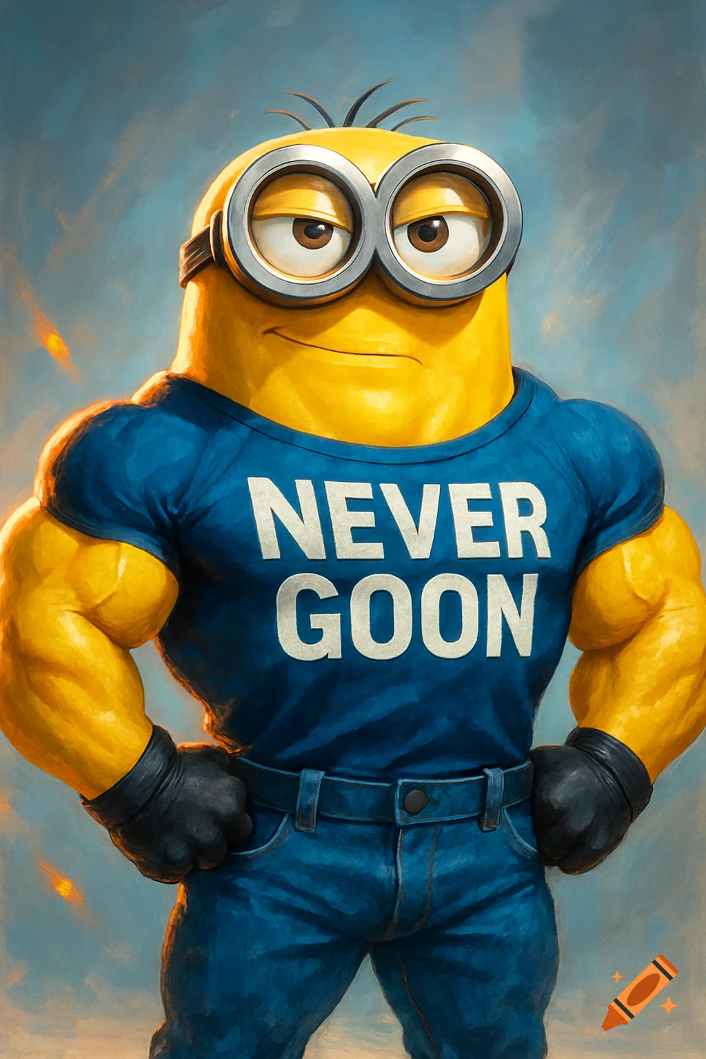 A muscular Minion wearing a blue t-shirt with 'NEVER GOON' and jeans, standing with hands on hips, in a painted style.