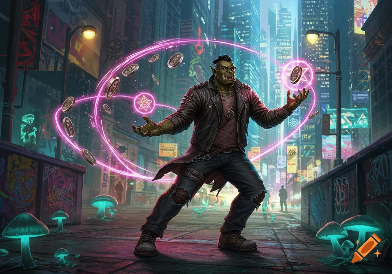 An orc in a leather jacket uses pink magic to fling coins on a neon-lit cyberpunk street with glowing mushrooms.
