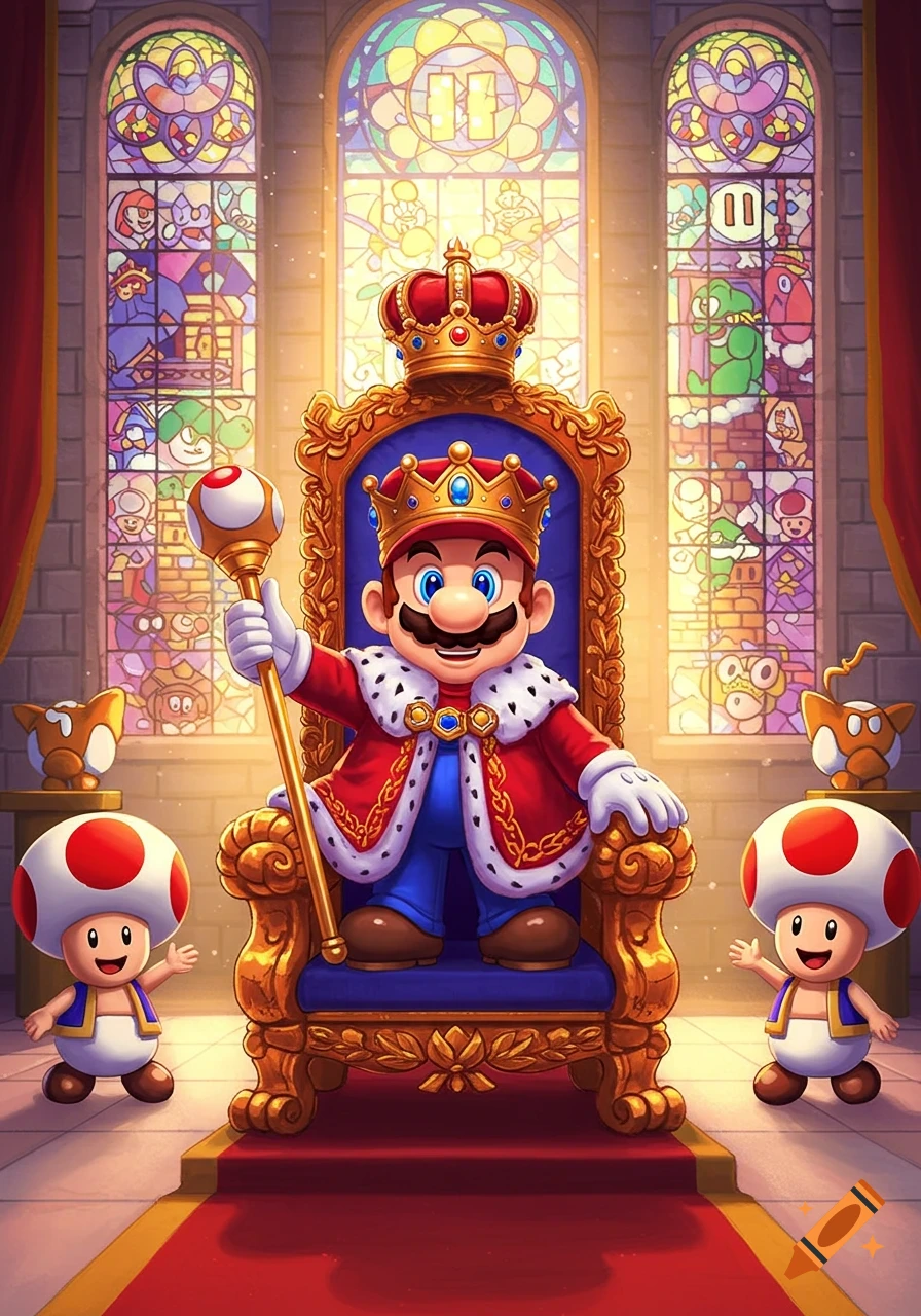 Mario, dressed as a king in red robes and a golden crown, sits on an ornate blue and gold throne, holding a scepter. Two Toads stand beside the throne in a grand hall with colorful stained-glass windows.