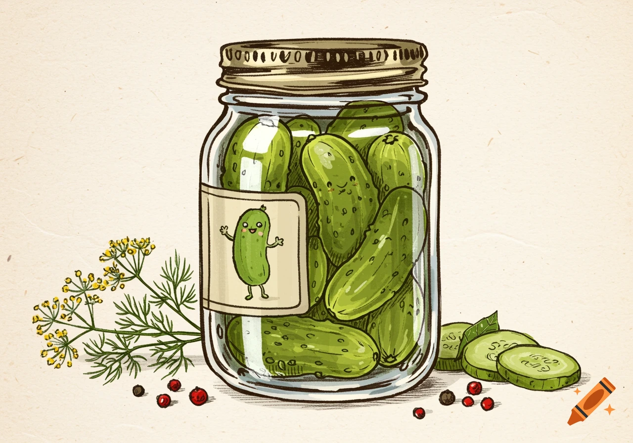 A sketch illustration of a jar filled with smiling cartoon pickles, with a happy pickle on the label. Dill and pickle slices are next to the jar.