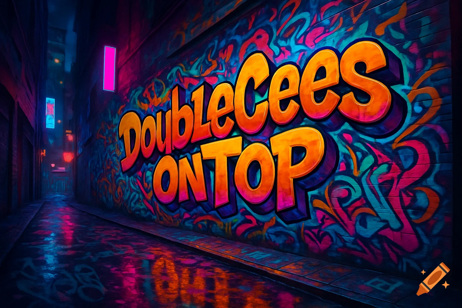 A vibrant, neon-lit alleyway with colorful graffiti reading "DoubleCees ON TOP" on a brick wall.