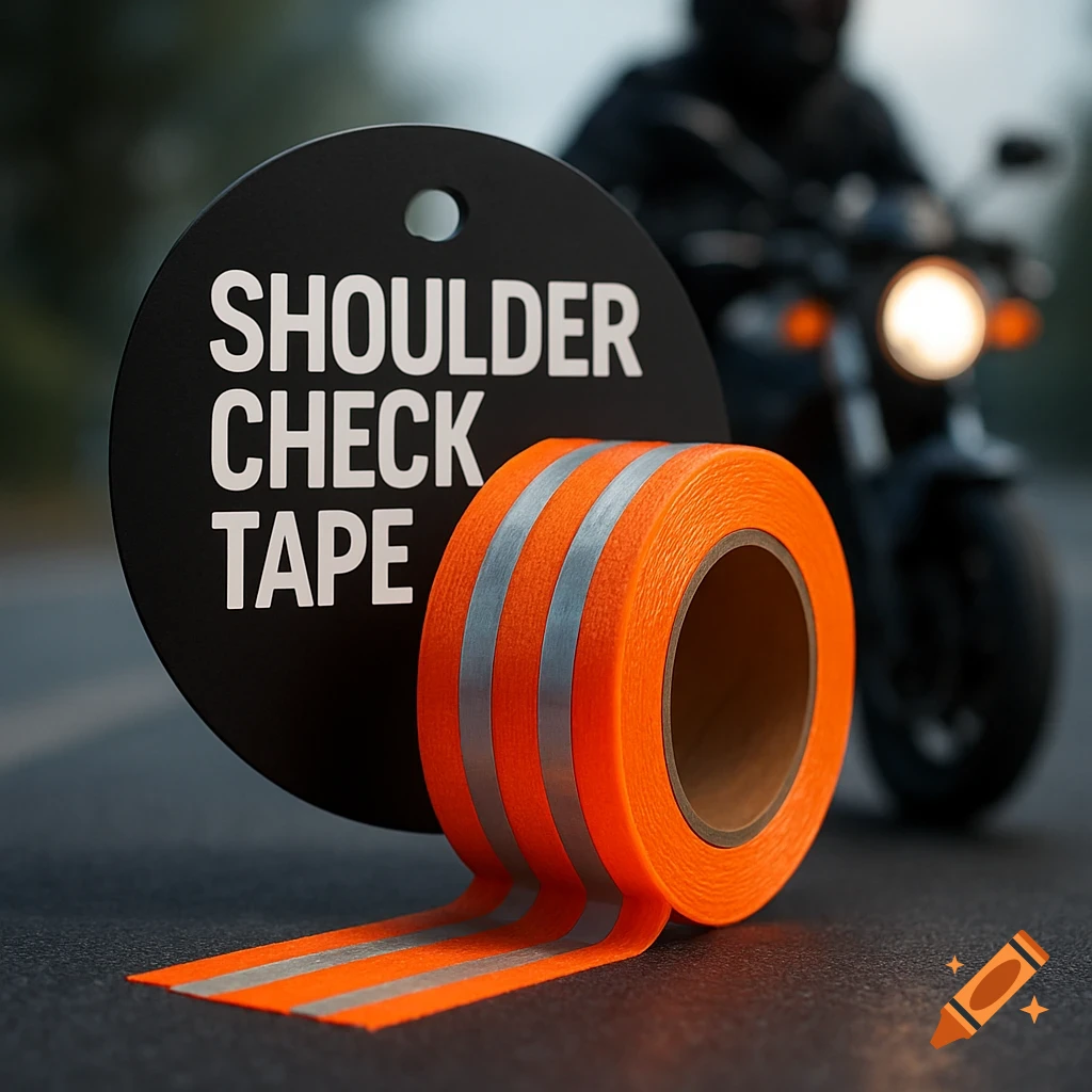 A roll of orange reflective tape with a black sign saying "SHOULDER CHECK TAPE" in front of a blurred motorcycle.