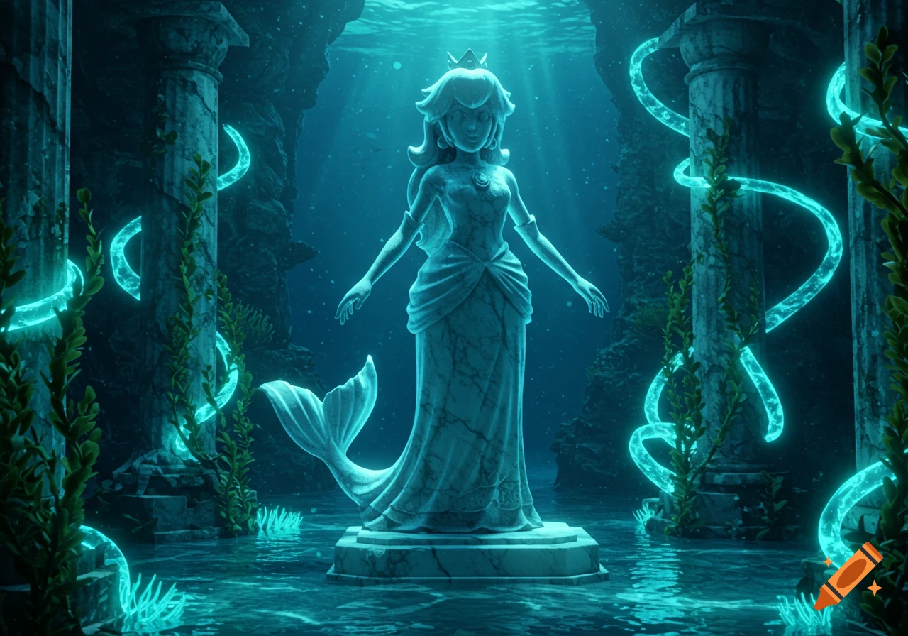 A serene marble statue of Princess Peach as a mermaid stands amidst ancient, moss-covered columns and glowing blue plants in an ethereal underwater setting.