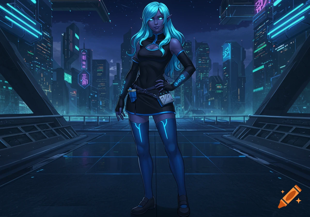 Anime woman with blue hair and glowing eyes in a black and blue outfit stands in a neon-lit cyberpunk city at night.