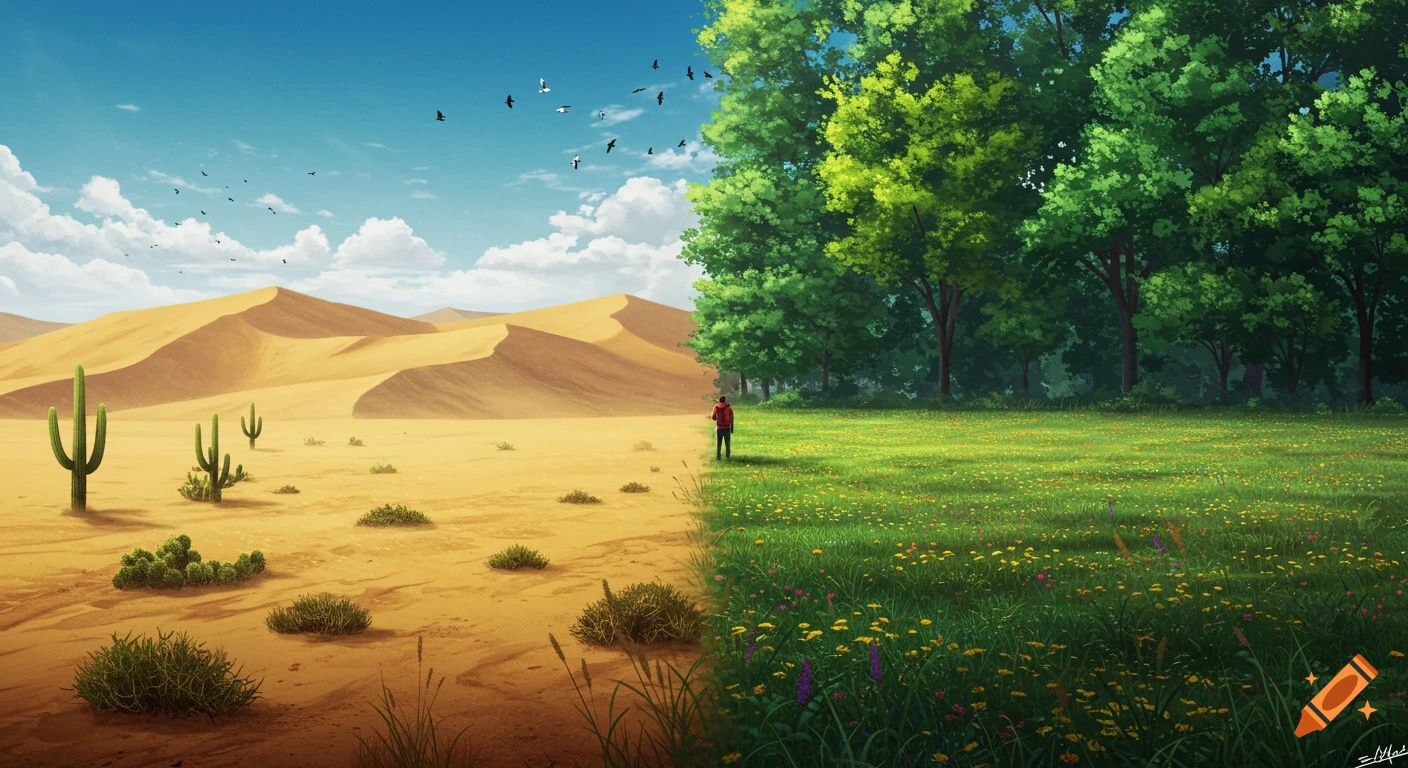 A digital painting shows a vibrant landscape split between a dry desert and a lush green forest. A person stands at the center divide.