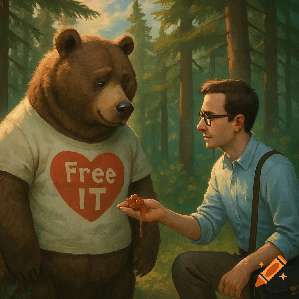 A man wearing glasses kneels in a forest, offering berries to a bear wearing a white t-shirt with a red heart saying 'Free IT'.