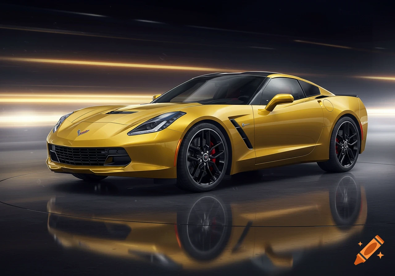 A photorealistic gold sports car, possibly a Corvette, parked on a reflective surface with horizontal light streaks in the background.