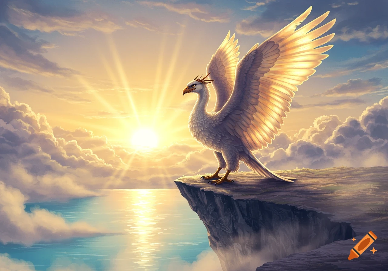 A majestic white phoenix-like bird with golden wings stands on a cliff overlooking water at sunset, with sun rays piercing glowing clouds.