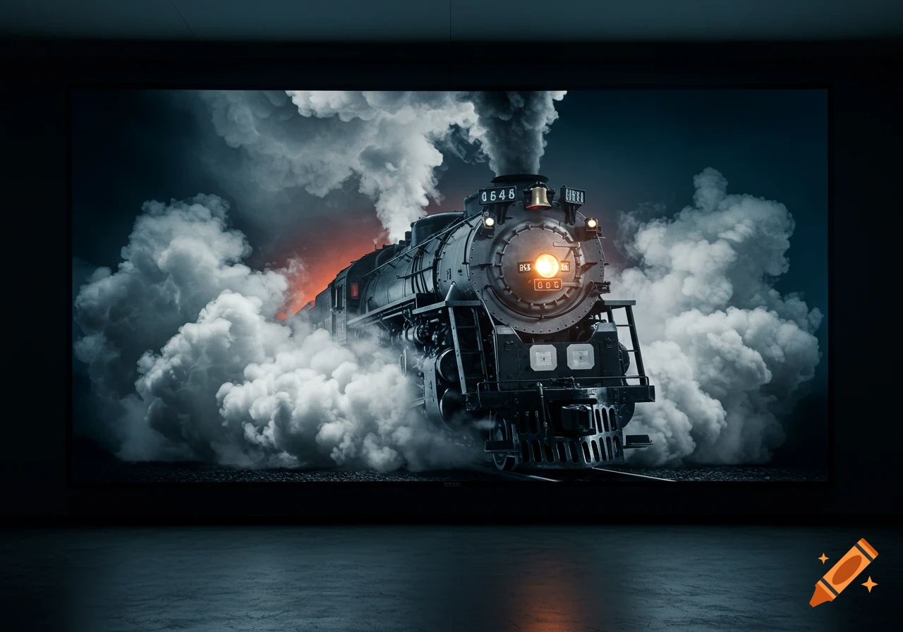 A dramatic, photorealistic image of a black steam train emerging from a dark screen, enveloped in thick white smoke.