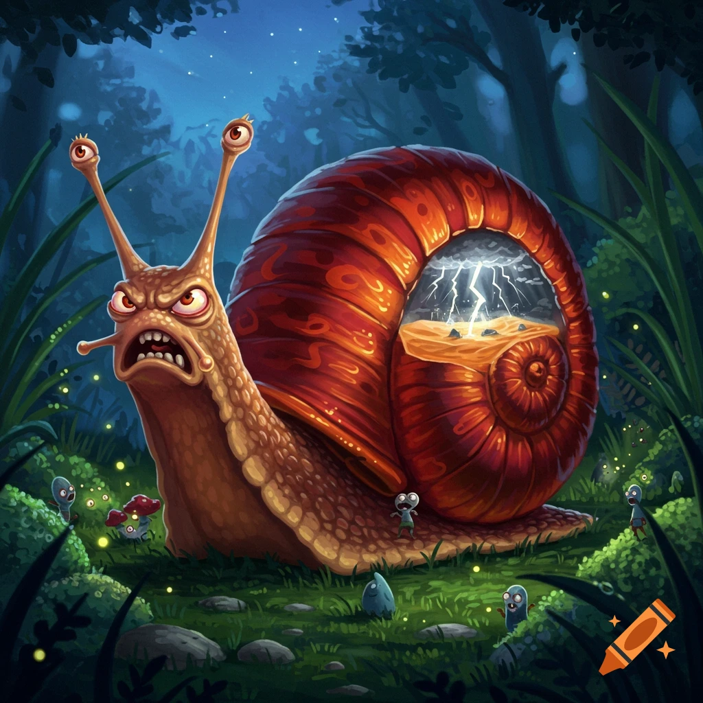 A very angry cartoon snail with a stormy landscape inside its shell stands in a dark forest.