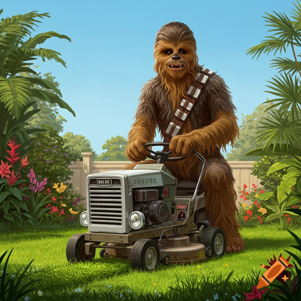 A furry Chewbacca drives a small riding lawnmower through a lush green garden under a clear blue sky. Stylized illustration.