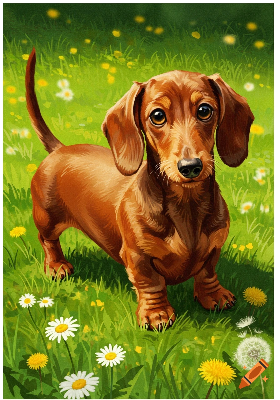 A brown dachshund dog stands in a vibrant green field filled with white daisies and yellow dandelions, in an illustrated style.
