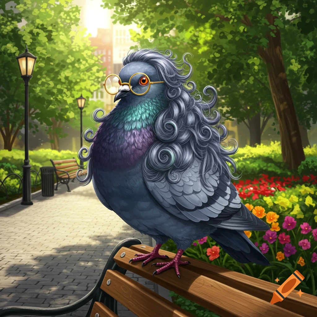 An illustrated pigeon with long curly grey hair and round glasses sits on a park bench amidst trees and flowers.