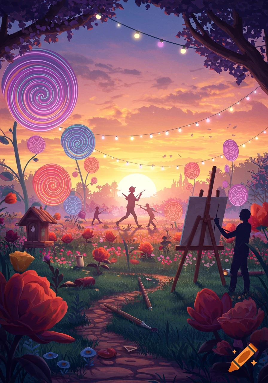 A vibrant fantasy landscape at sunset with large lollipops, blooming flowers, silhouetted figures, and an artist painting at an easel.