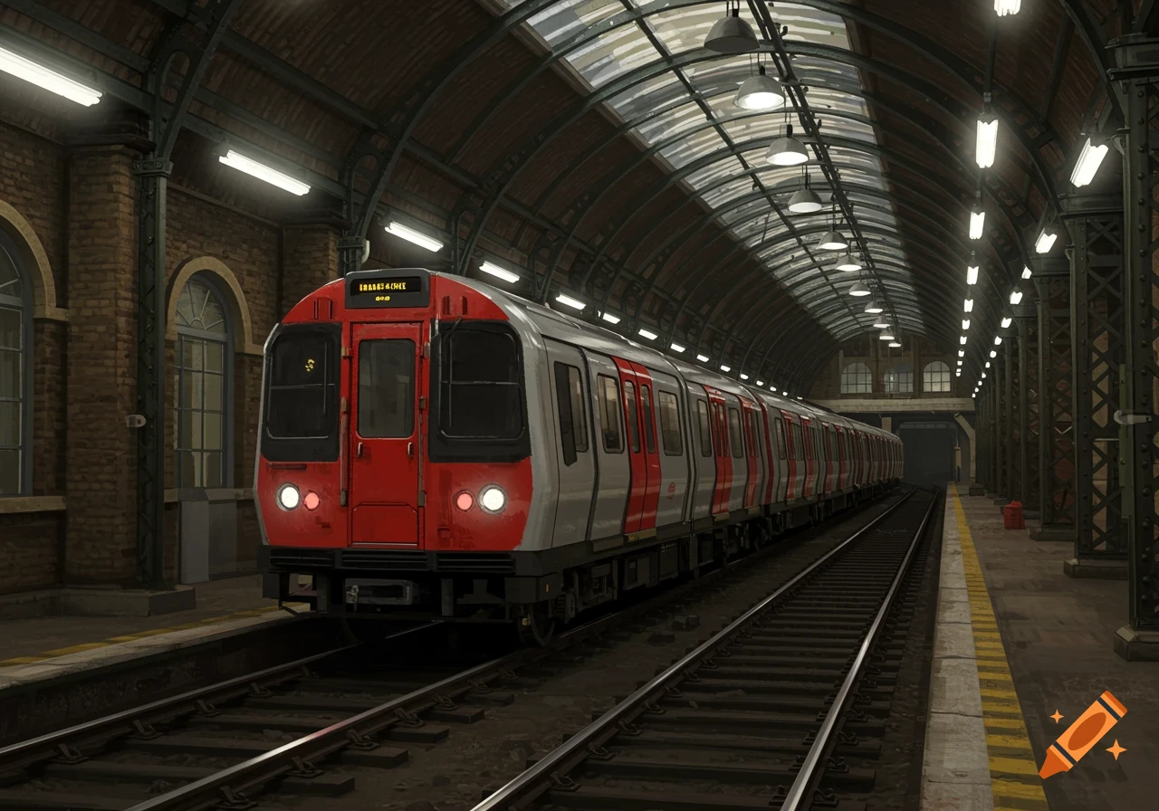 A modern, red and silver London Underground train sits on tracks inside a dimly lit, vaulted station with brick walls and arched windows.
