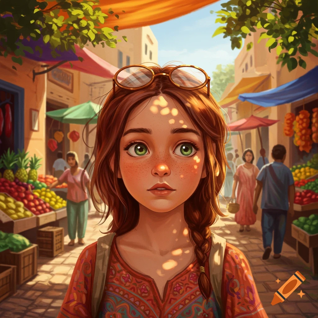 Illustrated young girl with red hair, green eyes, freckles, and glasses on her head, in a vibrant, sunny market.