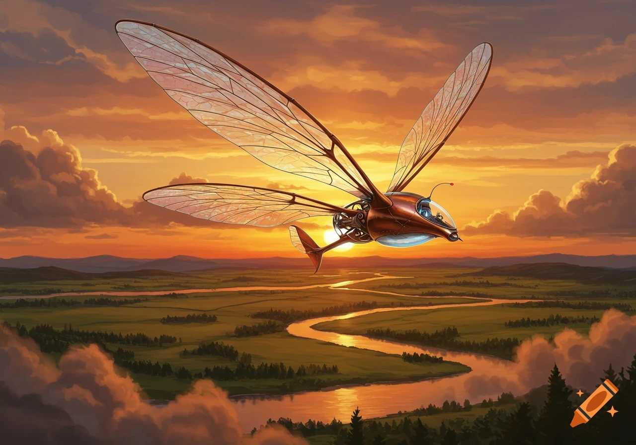 A stylized insect-like ornithopter flies over a winding river and green landscape at sunset, with an orange sky.