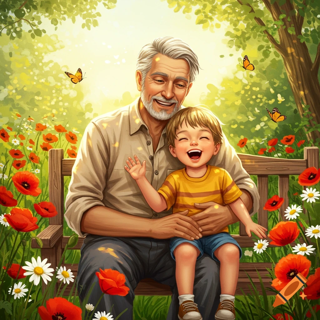 An illustrated image of a smiling elderly man and a laughing young boy sitting on a wooden bench in a field of red poppies and white daisies, with butterflies.