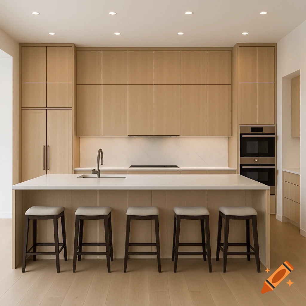 Photorealistic image of a modern kitchen with light wood cabinets, white countertops, and an island with five stools.