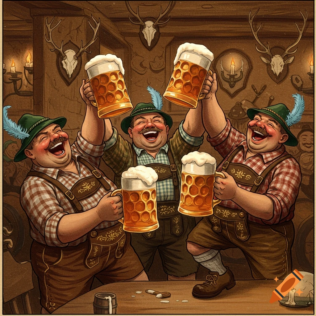 Three laughing men in traditional German attire toast with large mugs of beer in a lively, pub-like setting, cartoon style.