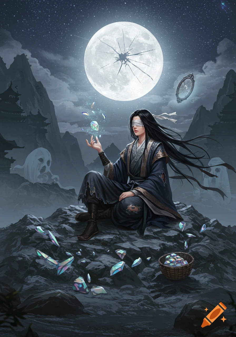A blindfolded figure in torn robes sits on dark rocks under a cracked moon, holding glowing shards in a mystical mountainous landscape.