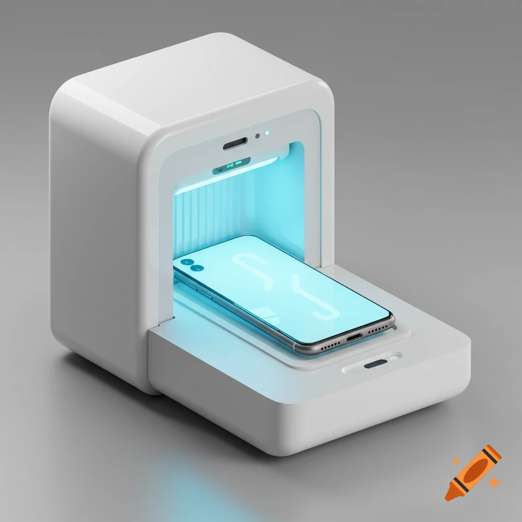 White UV smartphone sanitizer with a phone glowing blue inside, on a grey background.